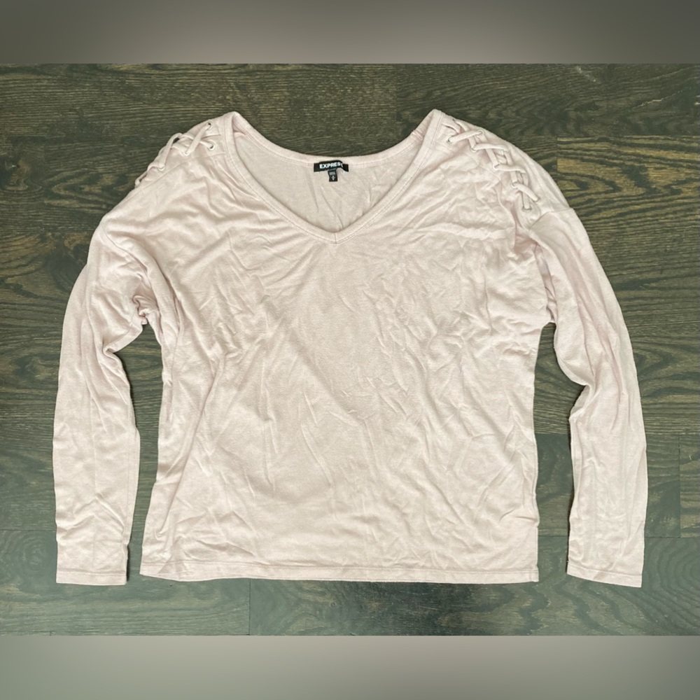 Express Dusty Rose Pink Lattice Shoulder Long Sleeve V-Neck Top Women's Size M